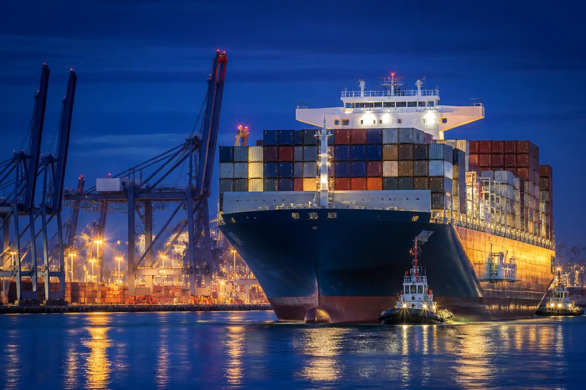 Navio porta-contêineres em terminal portuário internacional